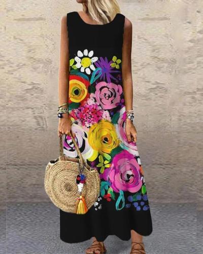 Printed Sleeveless O-neck Casual Dress