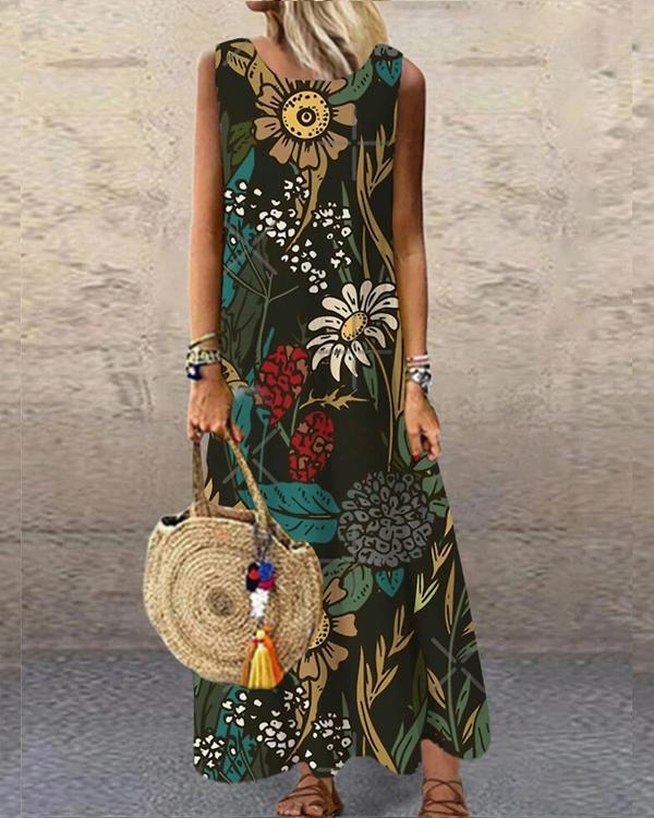 Vintage Printed Sleeveless O-neck Casual Dress