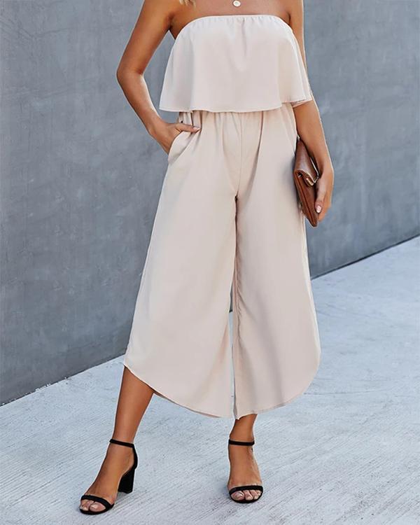 Casual Solid Split Joint Strapless Straight Jumpsuits