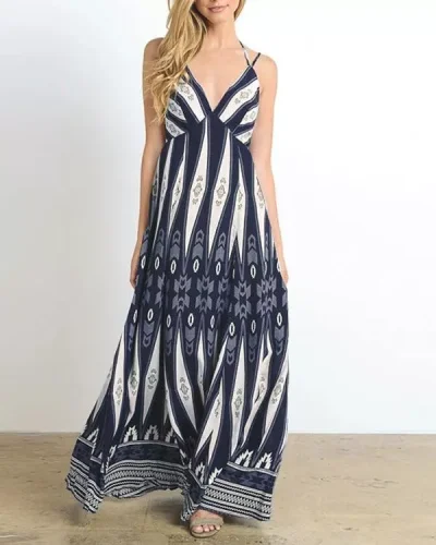 Sexy V-neck Sling Print Halter Maxi Dress