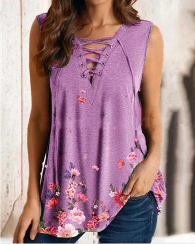 Floral Print Lace up V Neck Tank Shirt&Top