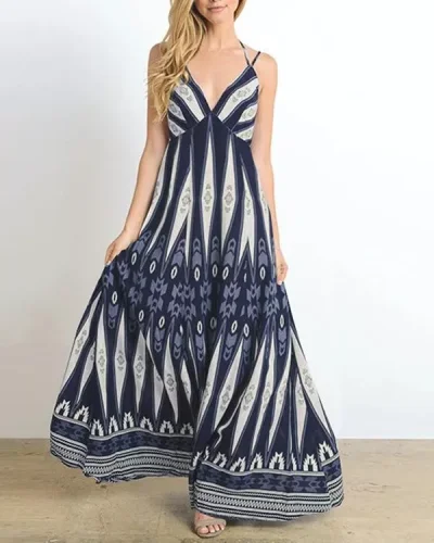 Sexy V-neck Sling Print Halter Maxi Dress