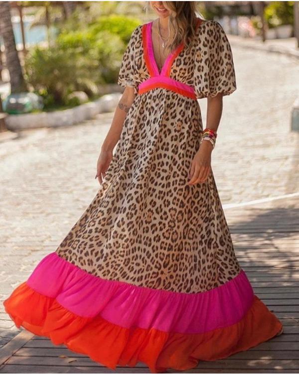 Deep V-Neck Leopard Color Block Maxi Dress
