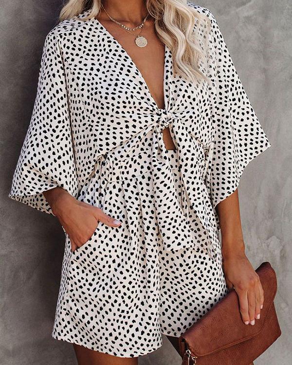 Fashion Printed Tie Rope Bat Sleeve Jumpsuit