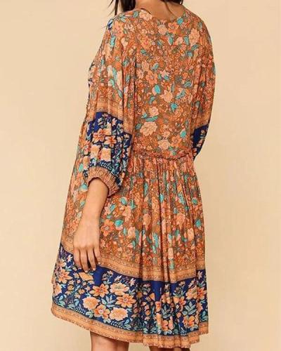 V Neck Printed Tribal Short Sleeve Boho Dresses