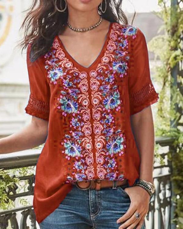 Short Sleeve Cotton-Blend Patchwork V Neck Shirts & Tops