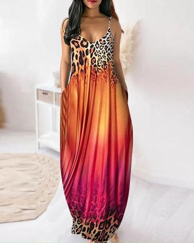 Plus Size Leopard Tie Dye Printed Sexy V Neck Sling Dress