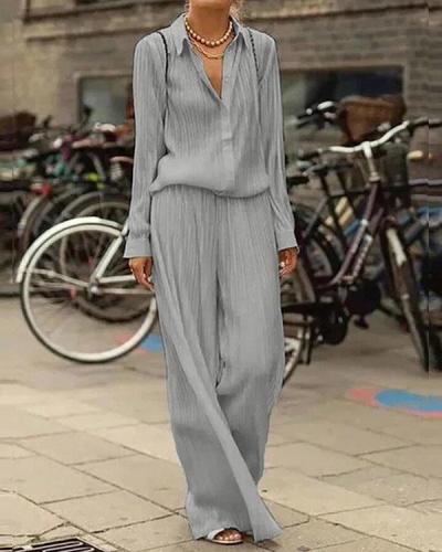 Casual Commuting Pleated Shirt And Wide Leg Pants Set