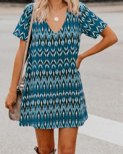 Spring/Summer Loose Short SleeveS V-Neck Print Dress Women'S Wear