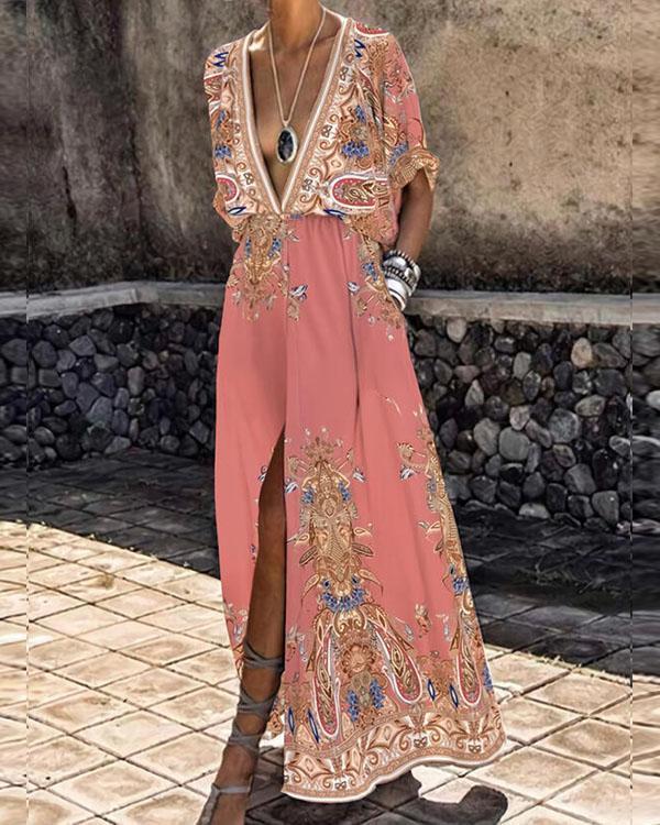 US$ 36.98 - Deep V-neck Flowy Bohemian Print Party Maxi Dress - www ...