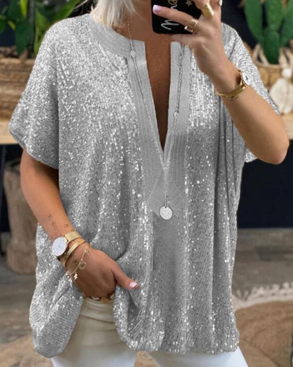 Sequins Transparent V Neck Loose Fit Women Blouse&Shirts