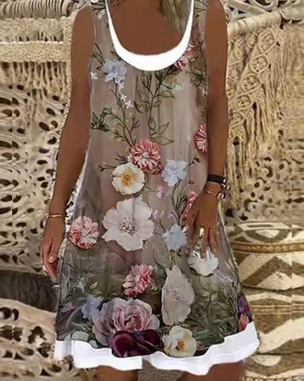 Vintage Flower Print U Neck Casual Midi Dress