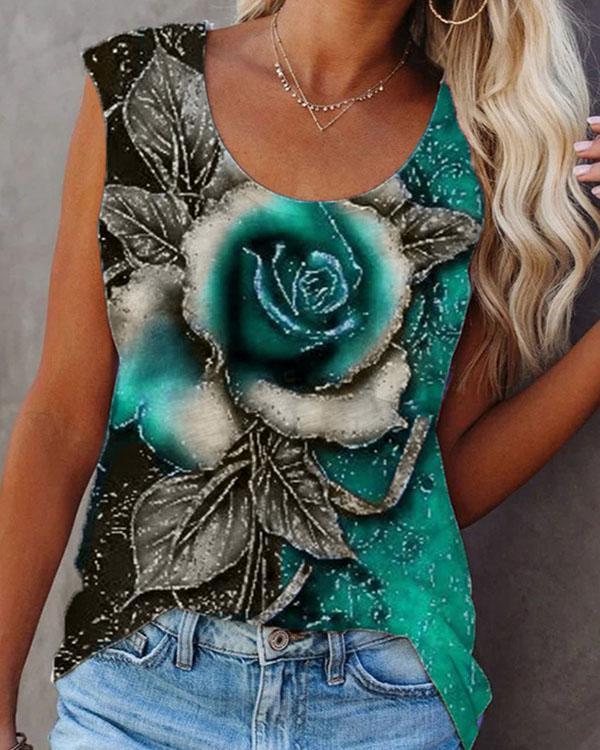 Plus Size Vintage Rose Print Sleeveless Crew Neck Tank Tops