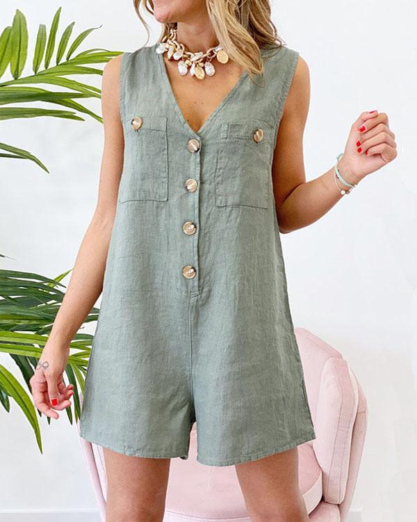 Stylish Double Pockets V Neck Linen Rompers