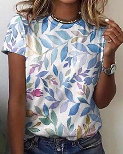 Summer Leaf Print Loose Round Neck Short Sleeves