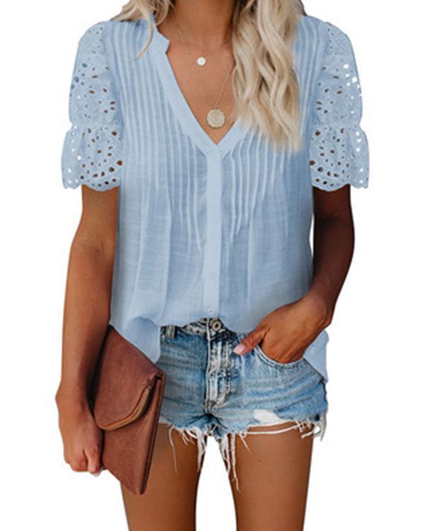 Solid V Neck Lace Crochet Eyelet Casual Shirts