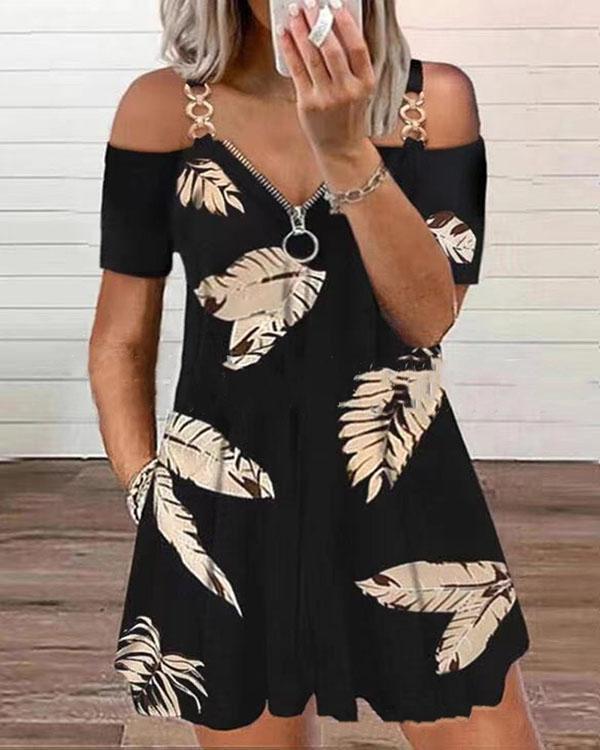 Leaves Print Off Shoulder Casual Tunic Mini Dresses