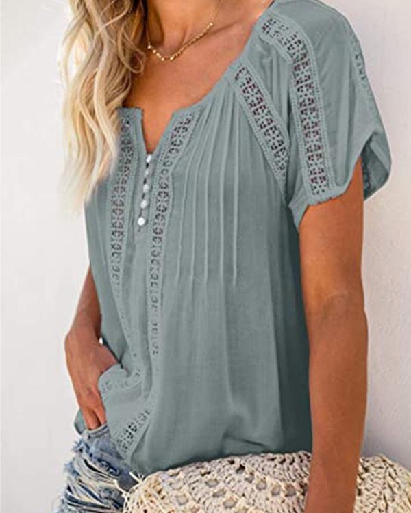 Casual Solid V Neck Lace Crochet Eyelet Shirts Tops
