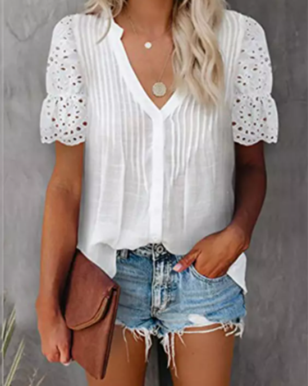 Solid V Neck Lace Crochet Eyelet Casual Shirts