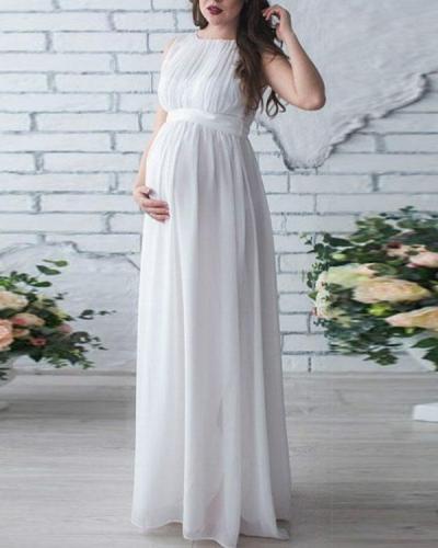 Maternity Sleeveless Pleated Maxi Chiffon Dress