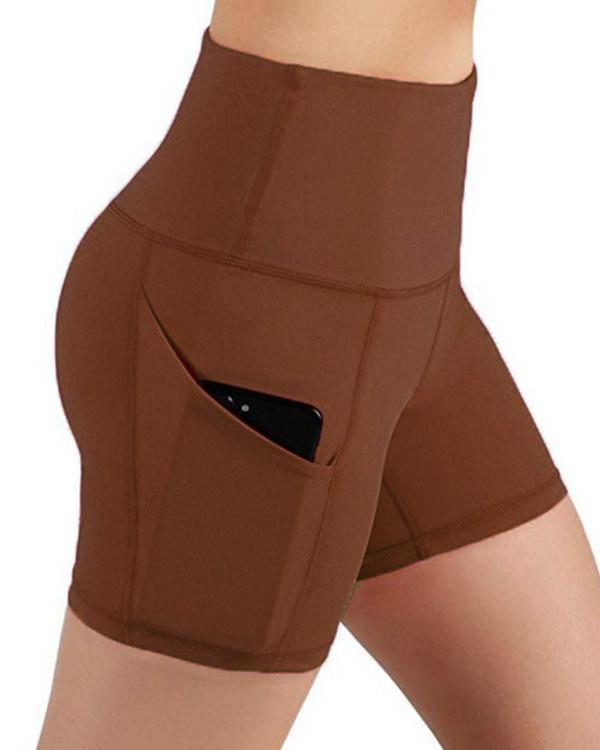 Solid High Waist Pocket Yoga Shorts