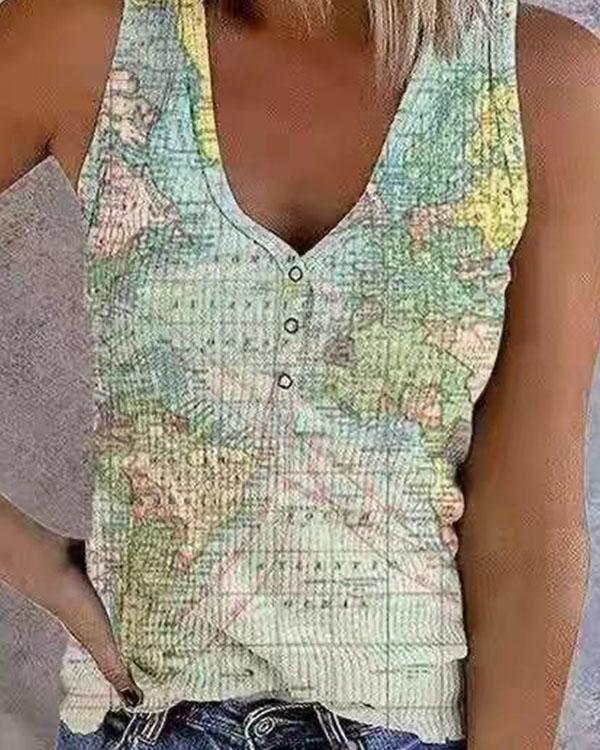 Vintage Map Print Sleeveless V Neck Button Vest Tops
