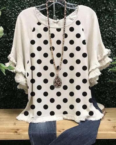 Polka Dots Casual Cotton-Blend Short Sleeve Shirts & Tops