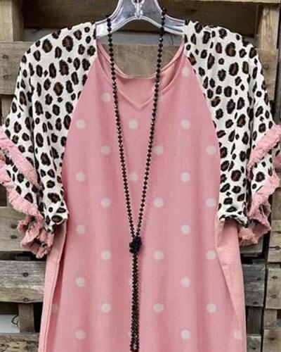 Polka Dots Leopard-print Short Sleeve Shirts & Tops