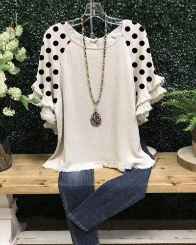 Polka Dots Casual Cotton-Blend Short Sleeve Shirts & Tops