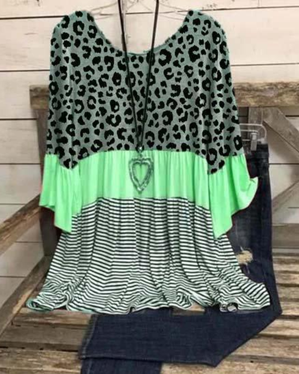 3/4 Sleeve Cotton-Blend Leopard-Print Crew Neck Shirts & Tops