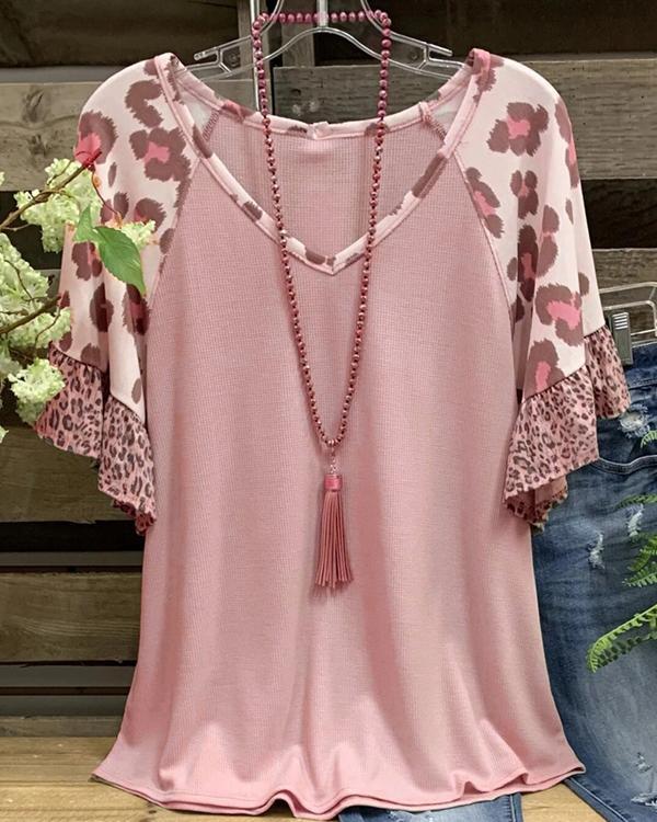 V Neck Leopard Cotton Short Sleeve Shirts & Tops