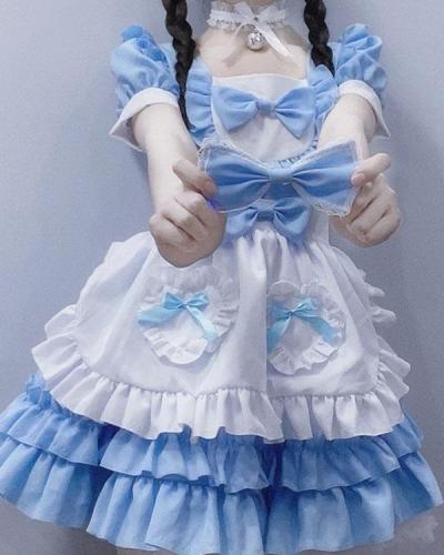 Blue Sweet Lolita Dress Short Sleeve Kawaii Maid Dress with Bows