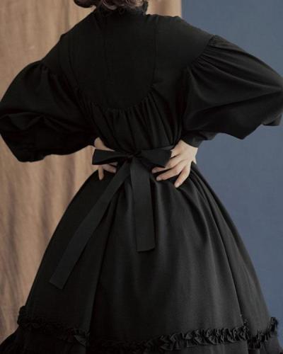 Plus Size Retro Cotton Lolita Dress Long Sleeve Elegant Ruffle Dress