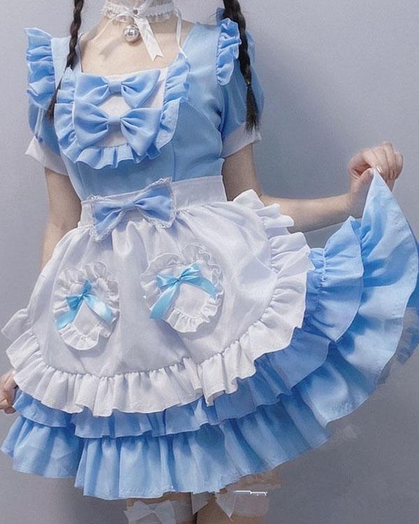 Blue Sweet Lolita Dress Short Sleeve Kawaii Maid Dress with Bows