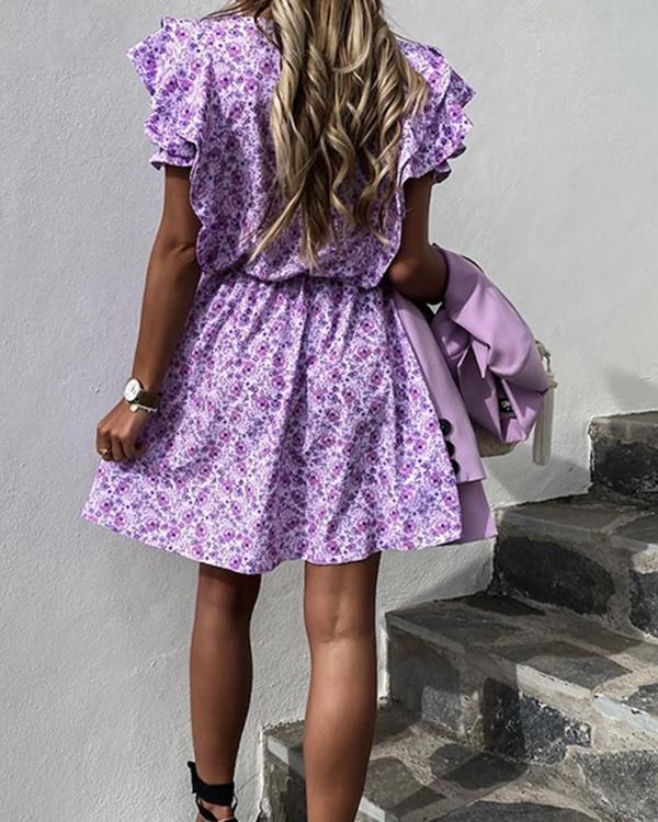 Elegant Lilac V Neck Ruffle Print Dress