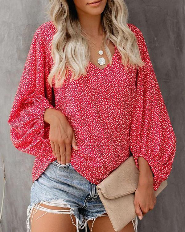 V-neck Printed Lantern Sleeve Shirt