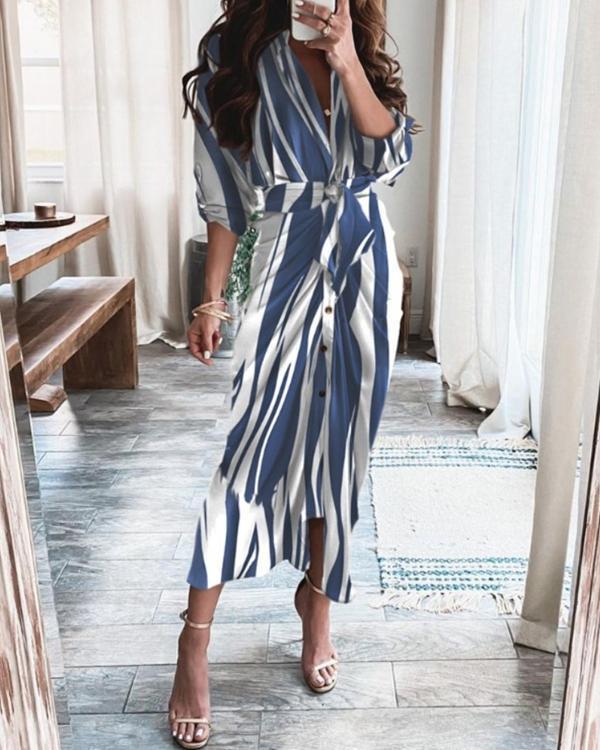 Elegant Print Satin Pleated Classy Bandage Shirt Dress