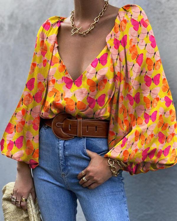 Elegant Loose Sleeves Butterfly Print Blouse