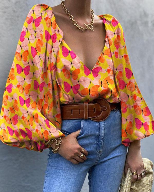 Elegant Loose Sleeves Butterfly Print Blouse