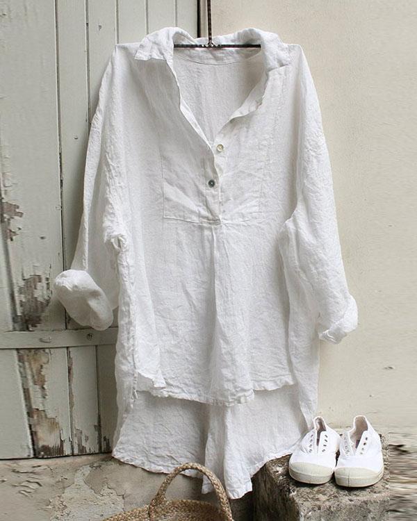 V-neck Loose Cotton And Linen Casual Shirt