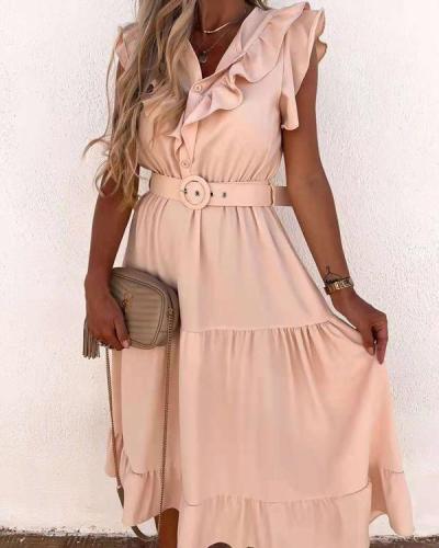 Button Layer Ruffles Maxi Dress