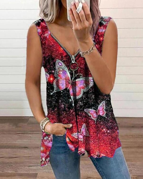 Women's Zipper Print Vest Tops