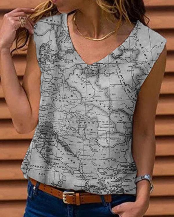 V-neck Sleeveless Floral Printed Graphic T-shirt