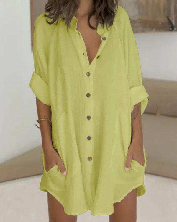 Linen Cotton Loose Button Down Shirt Dress Beach Cover Ups