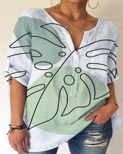 Women's Stylish Tropical Print Cotton Shirt&Blouse with Pocket