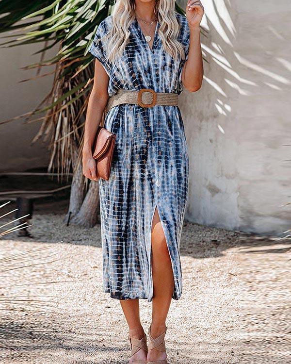 Holiday Gradient Striped Print V-neck Slit Midi Dress