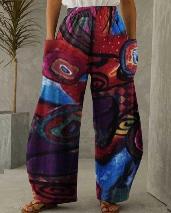 Women Cotton Linen Pocket Abstract Art Printing Pants