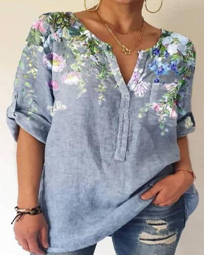Women's Summer Printed Cotton V Neck Shirt&Blouse
