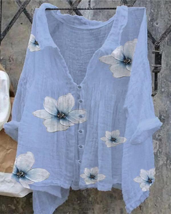 Women's Casual Oversize Floral Line Cotton Shirt&Blouse