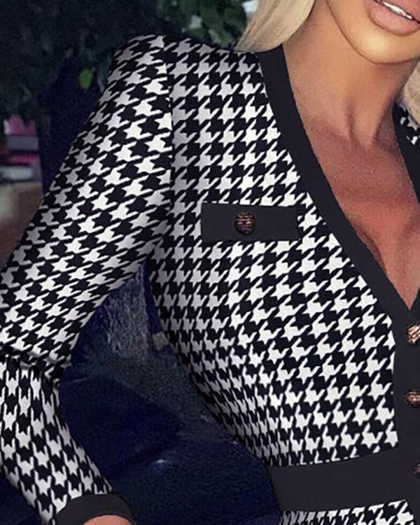 Houndstooth/Rhombus Print Long-sleeved V-neck Button Bodycon Dress